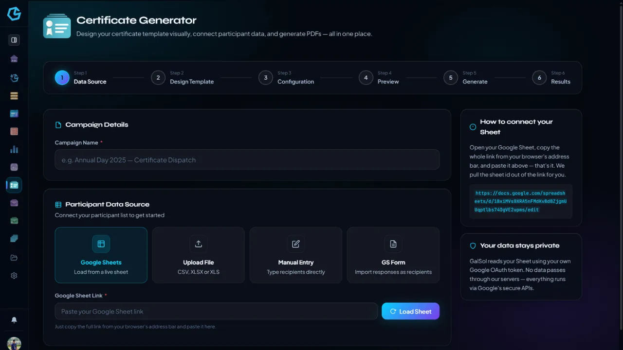 Bulk Certificate participant data workspace